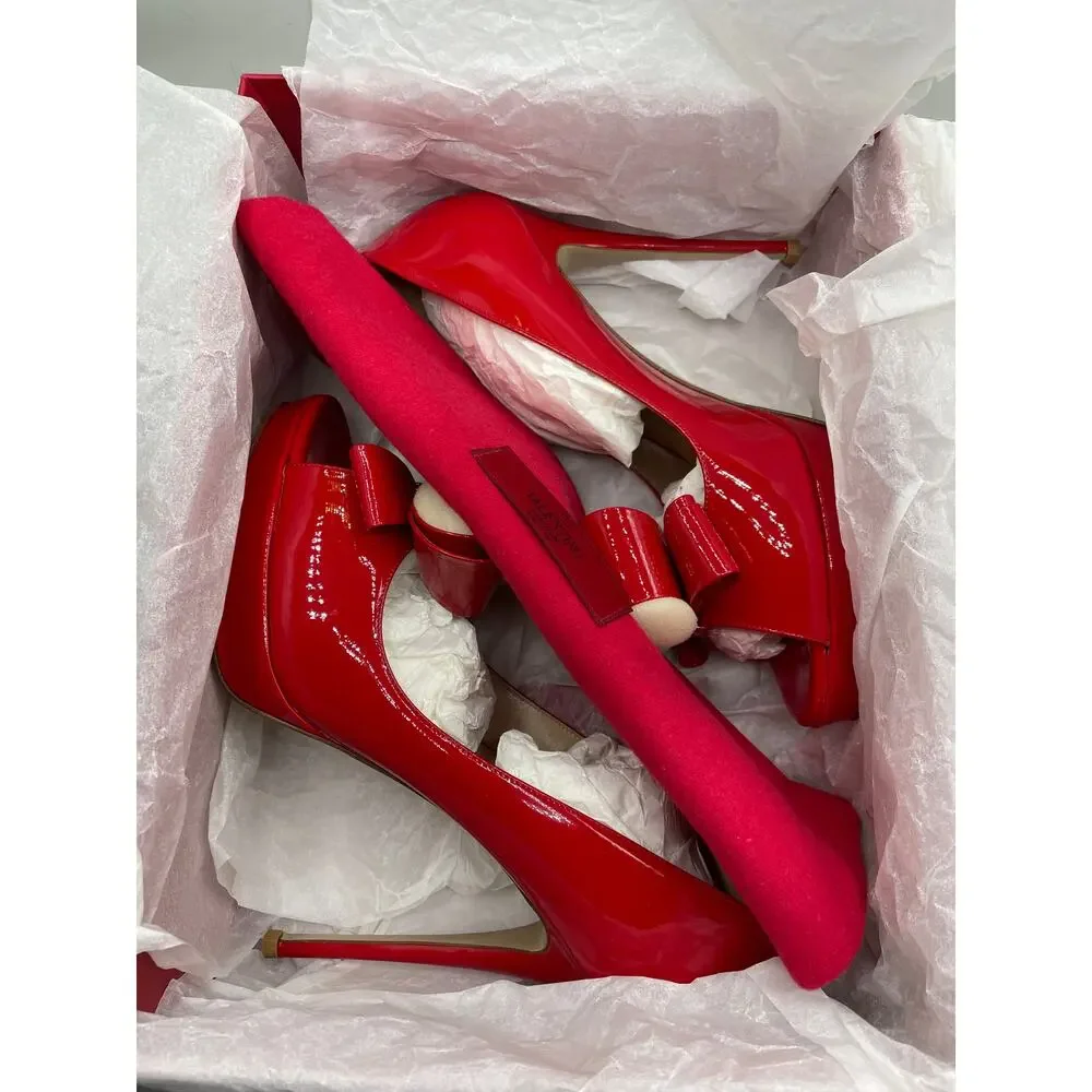 Valentino‎ Garavani Couture Open Toe Bow Red Patton Leather Womans Pump Heels 39